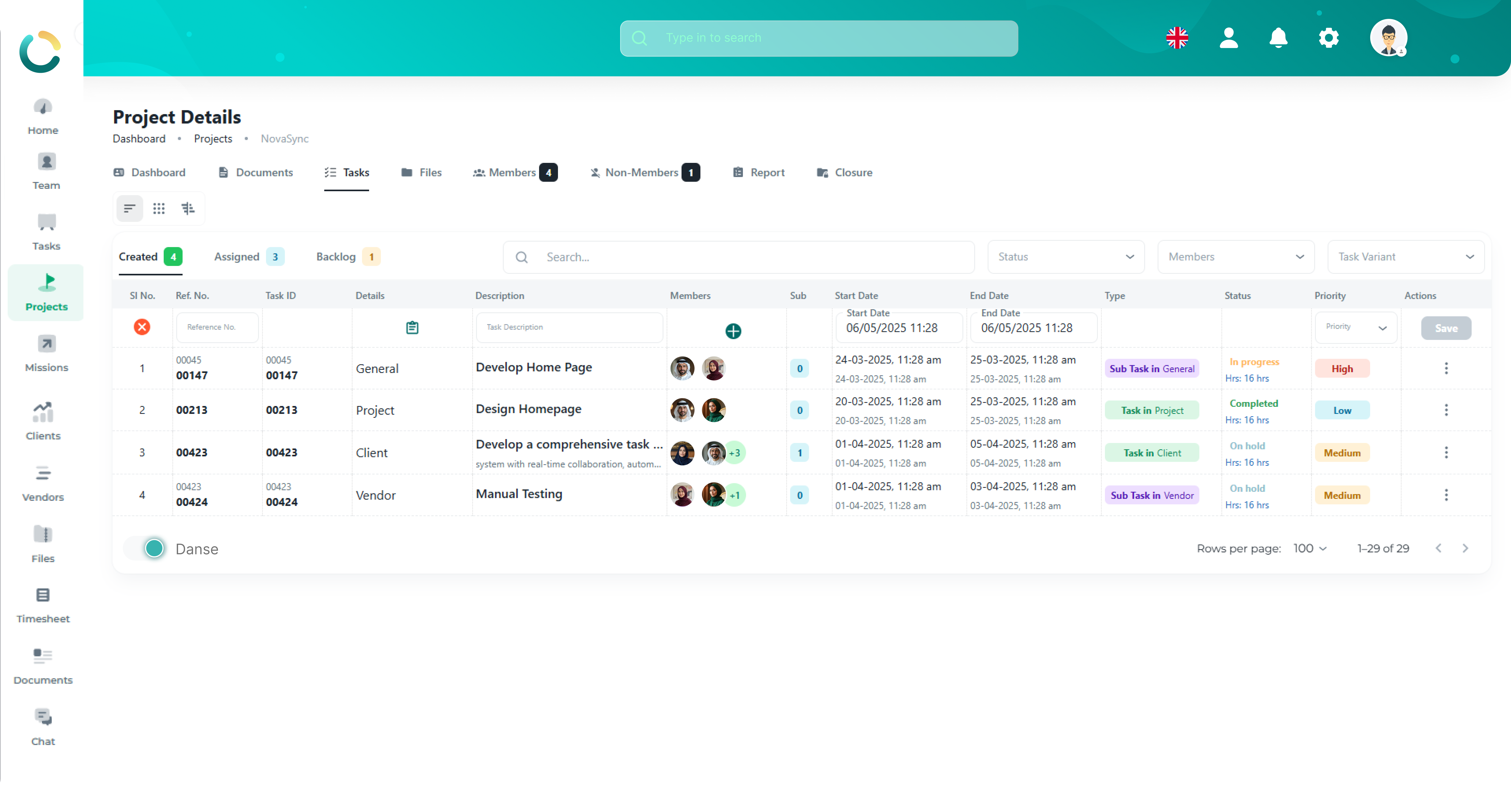 NOVOLOGS Project Task Management